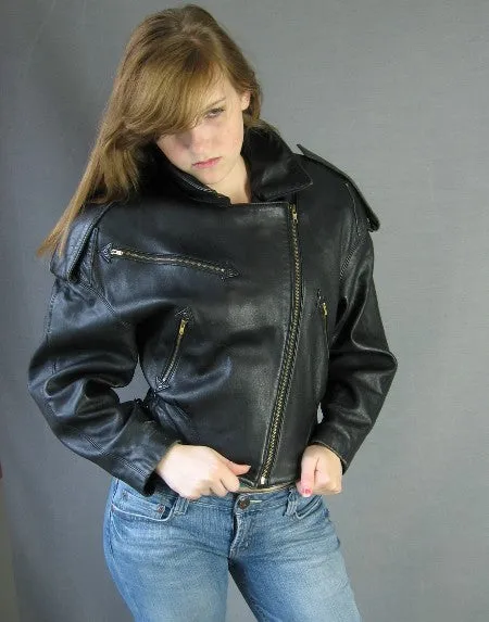 80s Women's Jacket Motorcycle North Beach Leather Black Vintage Moto Small to Medium VFG