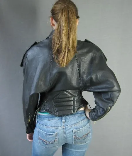 80s Women's Jacket Motorcycle North Beach Leather Black Vintage Moto Small to Medium VFG