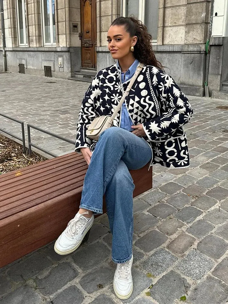 Advbridge Both Sides Printed Women Padded Jacket Long Sleeve O-neck Single-breasted Cotton Coat 2024 Autumn Winter Lady Casual Outwears