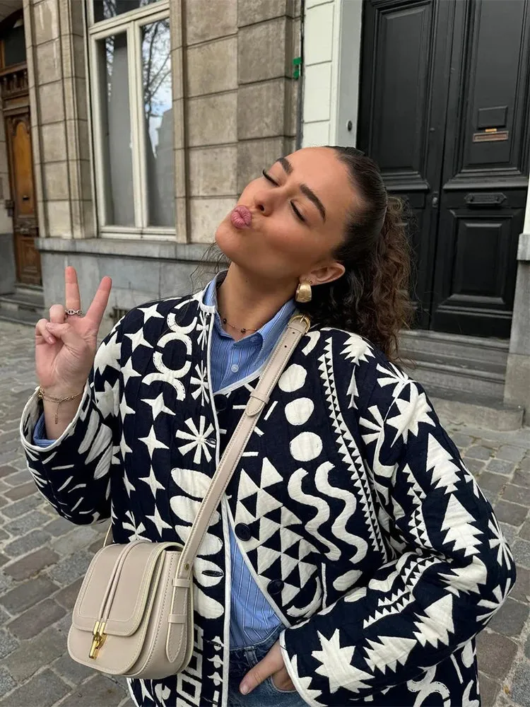 Advbridge Both Sides Printed Women Padded Jacket Long Sleeve O-neck Single-breasted Cotton Coat 2024 Autumn Winter Lady Casual Outwears