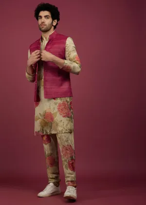 Azalea Pink Silk Bandi Jacket With Tan Brown Printed Kurta Set