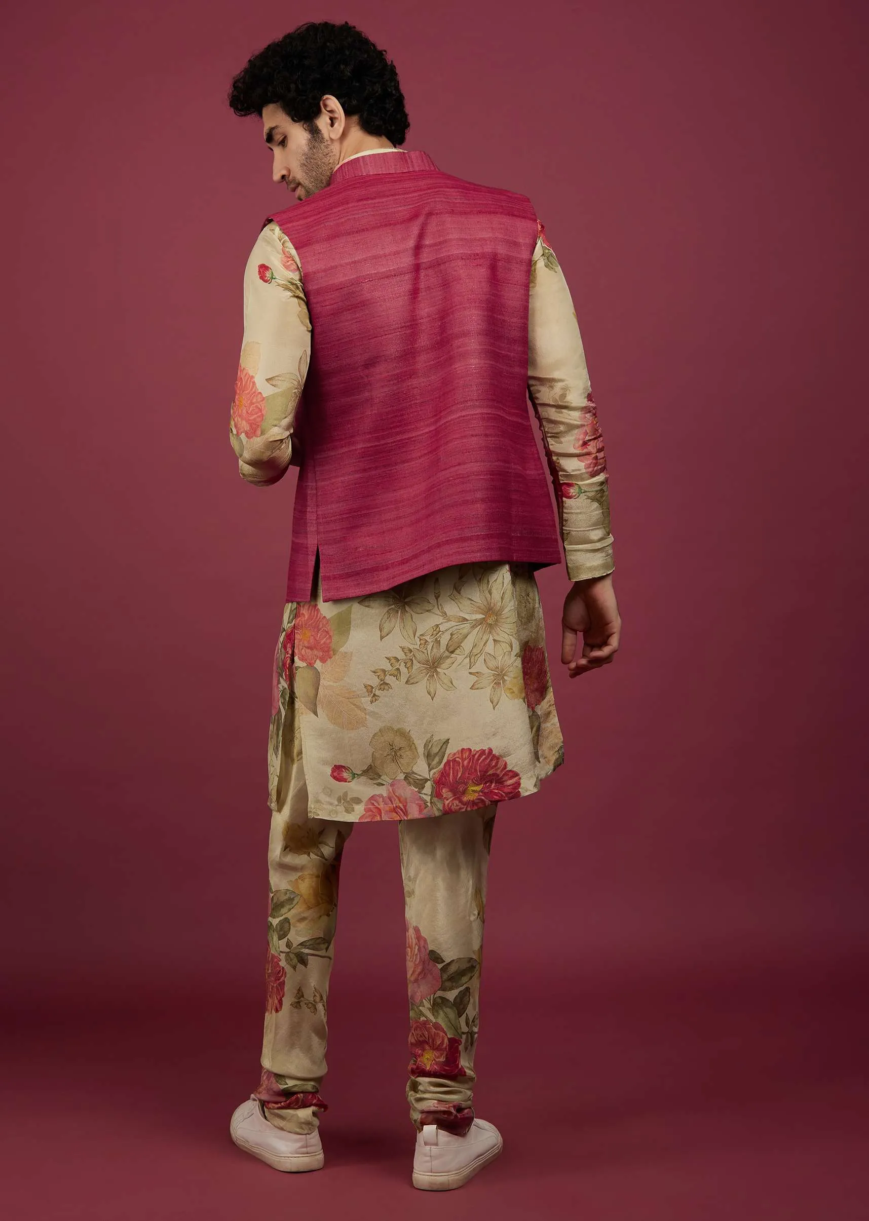 Azalea Pink Silk Bandi Jacket With Tan Brown Printed Kurta Set