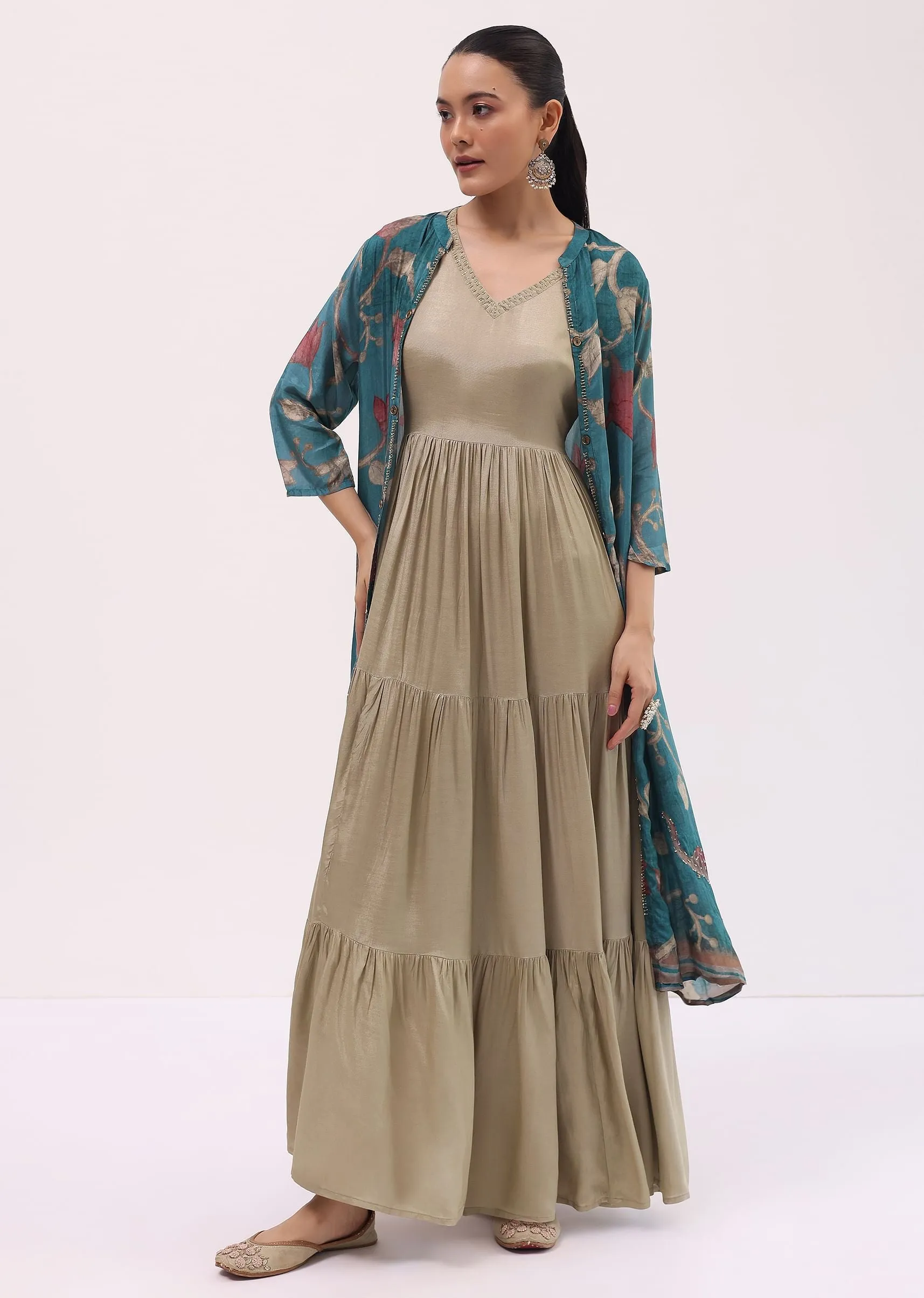 Beige And Blue Printed Cotton Gown And Jacket