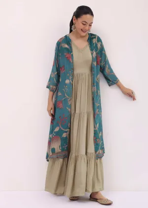 Beige And Blue Printed Cotton Gown And Jacket