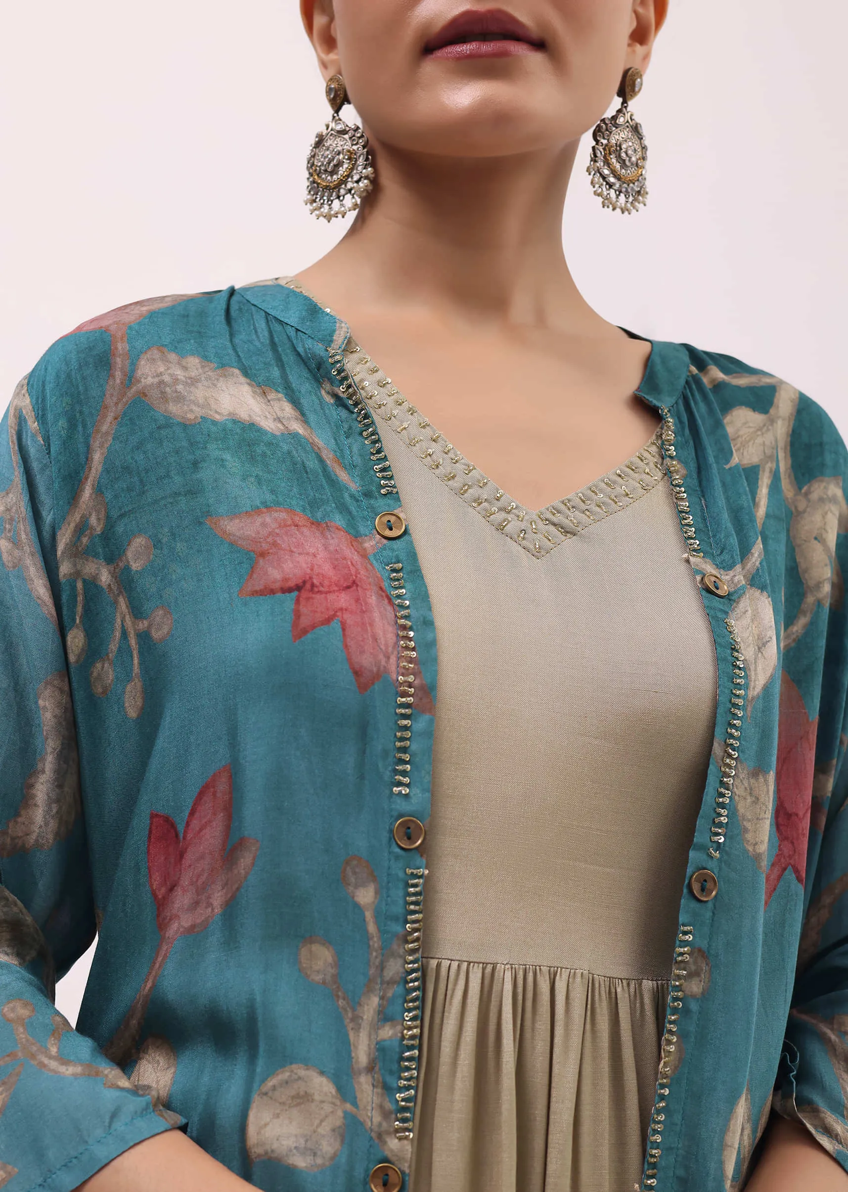 Beige And Blue Printed Cotton Gown And Jacket