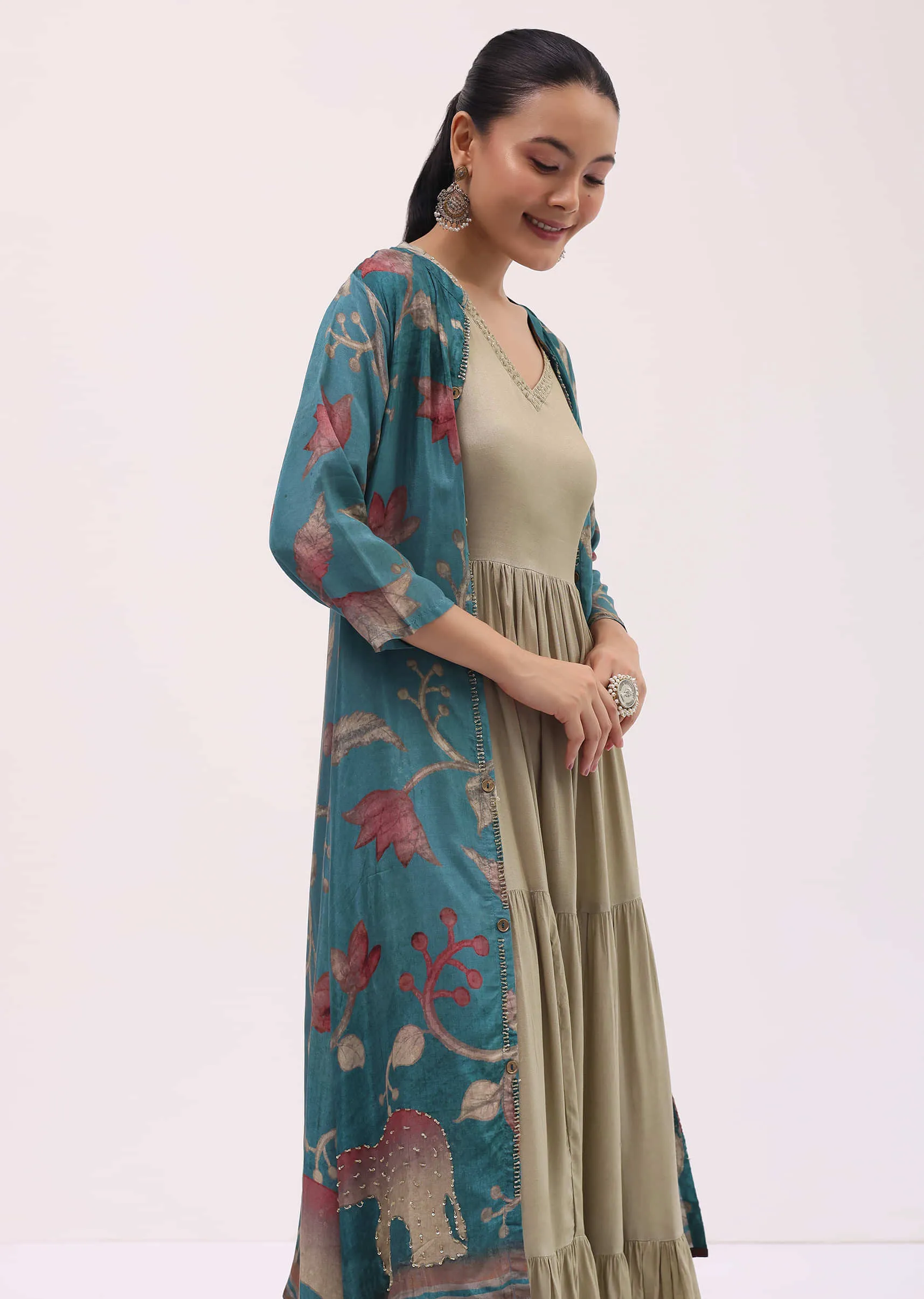 Beige And Blue Printed Cotton Gown And Jacket