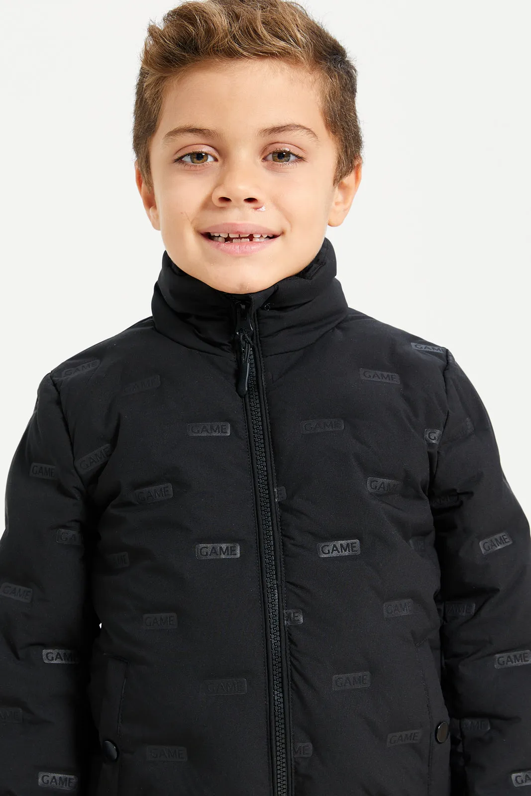 Boys Black Embossed Padded Jacket