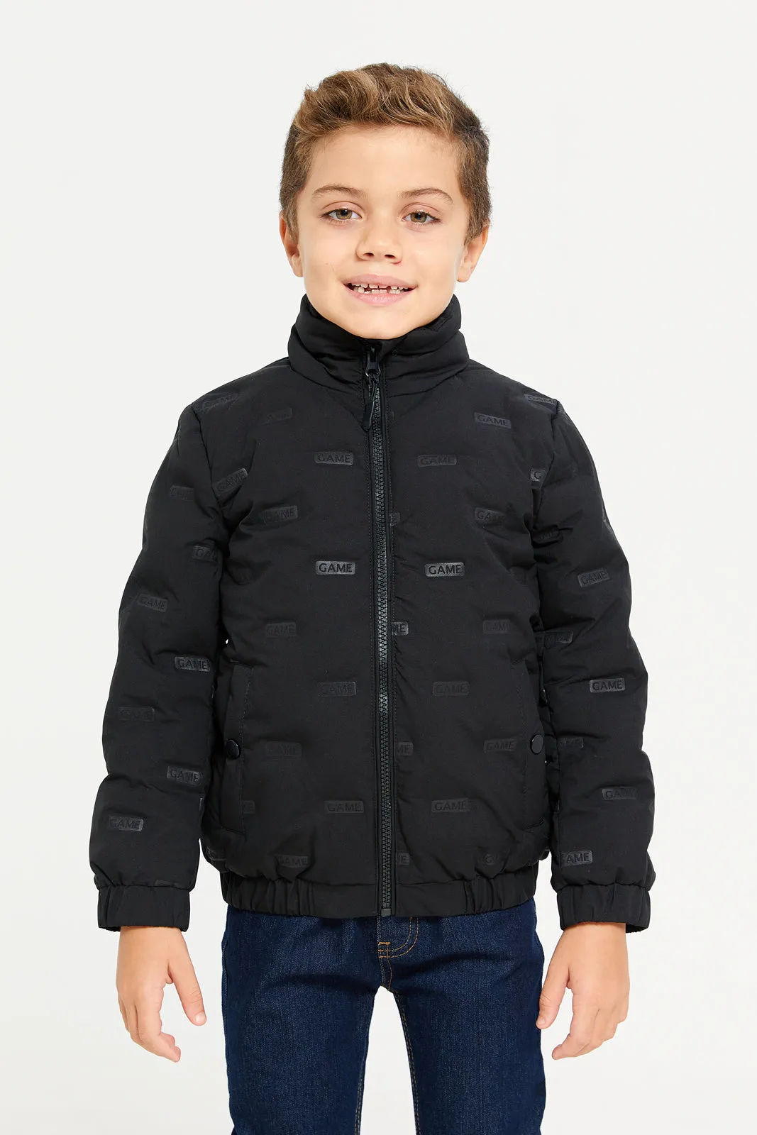 Boys Black Embossed Padded Jacket