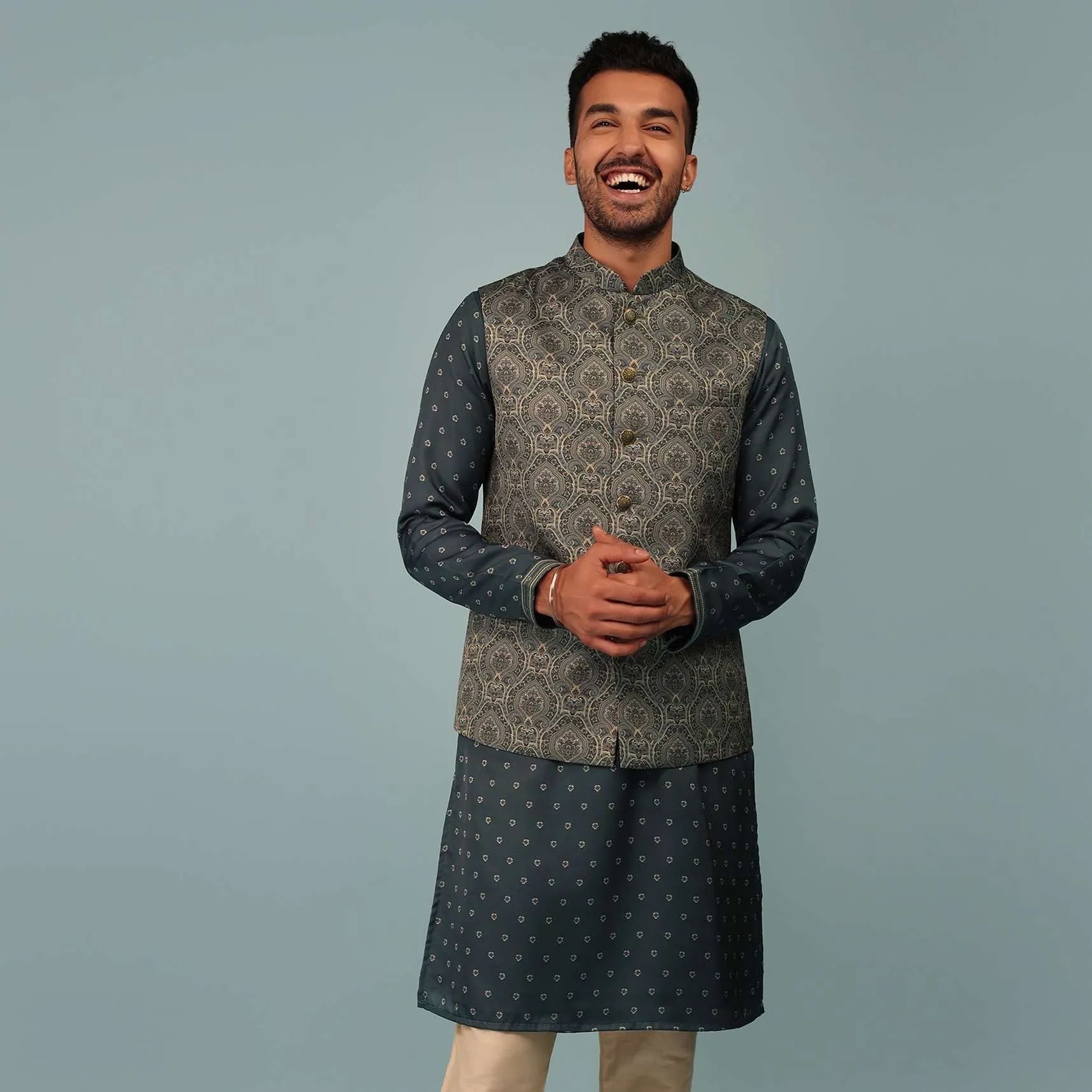 Charcoal Grey Bandi Jacket Set In Linen With Floral Print