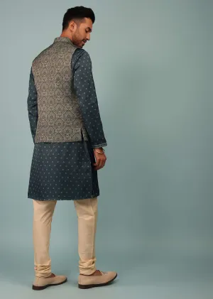 Charcoal Grey Bandi Jacket Set In Linen With Floral Print