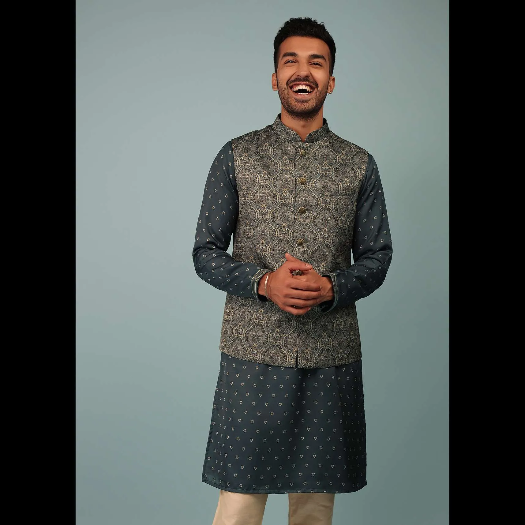 Charcoal Grey Bandi Jacket Set In Linen With Floral Print