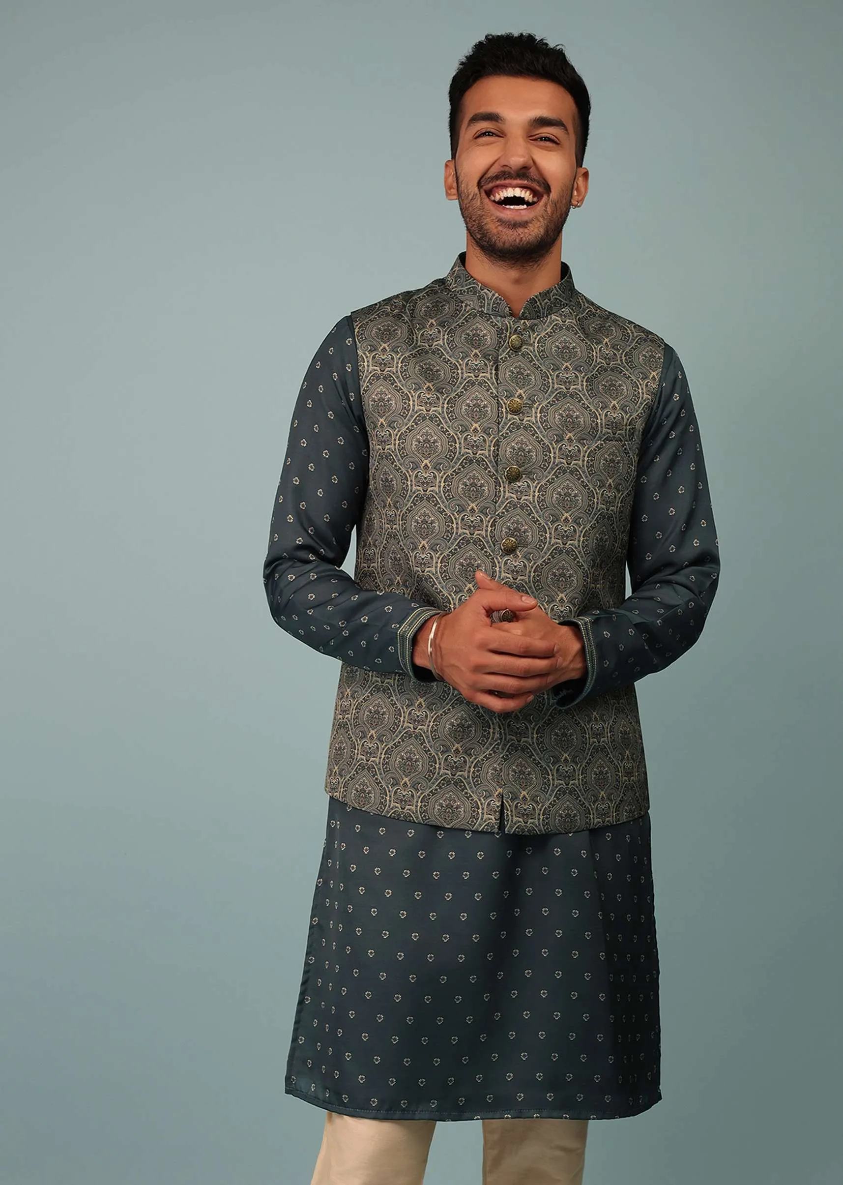 Charcoal Grey Bandi Jacket Set In Linen With Floral Print