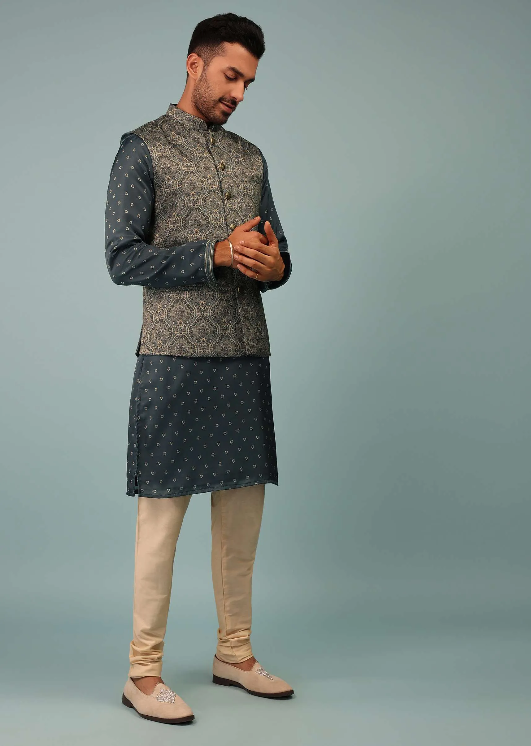 Charcoal Grey Bandi Jacket Set In Linen With Floral Print