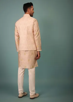 Cream Peach Bandi Jacket Set In Silk With Print & Line Stitch Embroidery