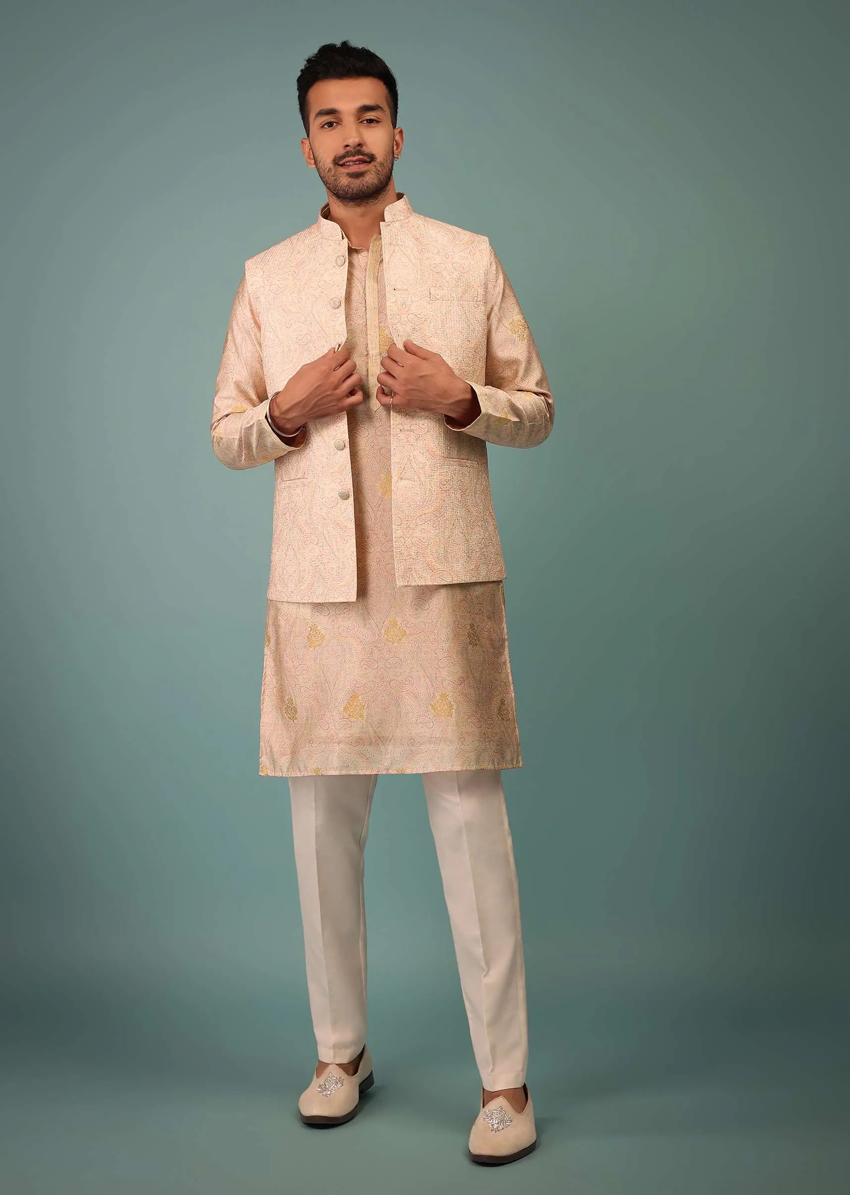 Cream Peach Bandi Jacket Set In Silk With Print & Line Stitch Embroidery