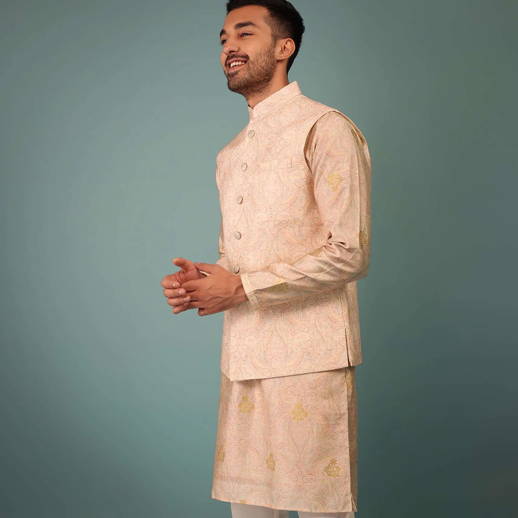 Cream Peach Bandi Jacket Set In Silk With Print & Line Stitch Embroidery