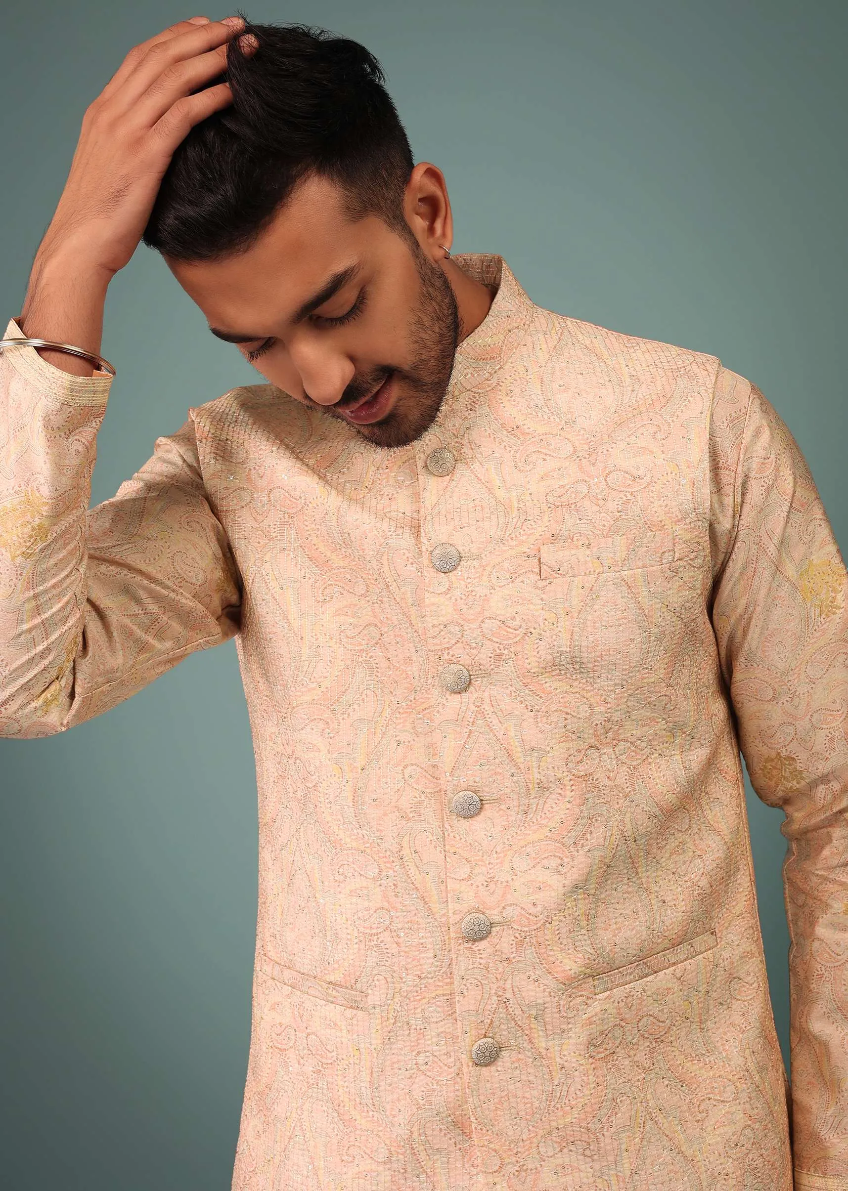 Cream Peach Bandi Jacket Set In Silk With Print & Line Stitch Embroidery