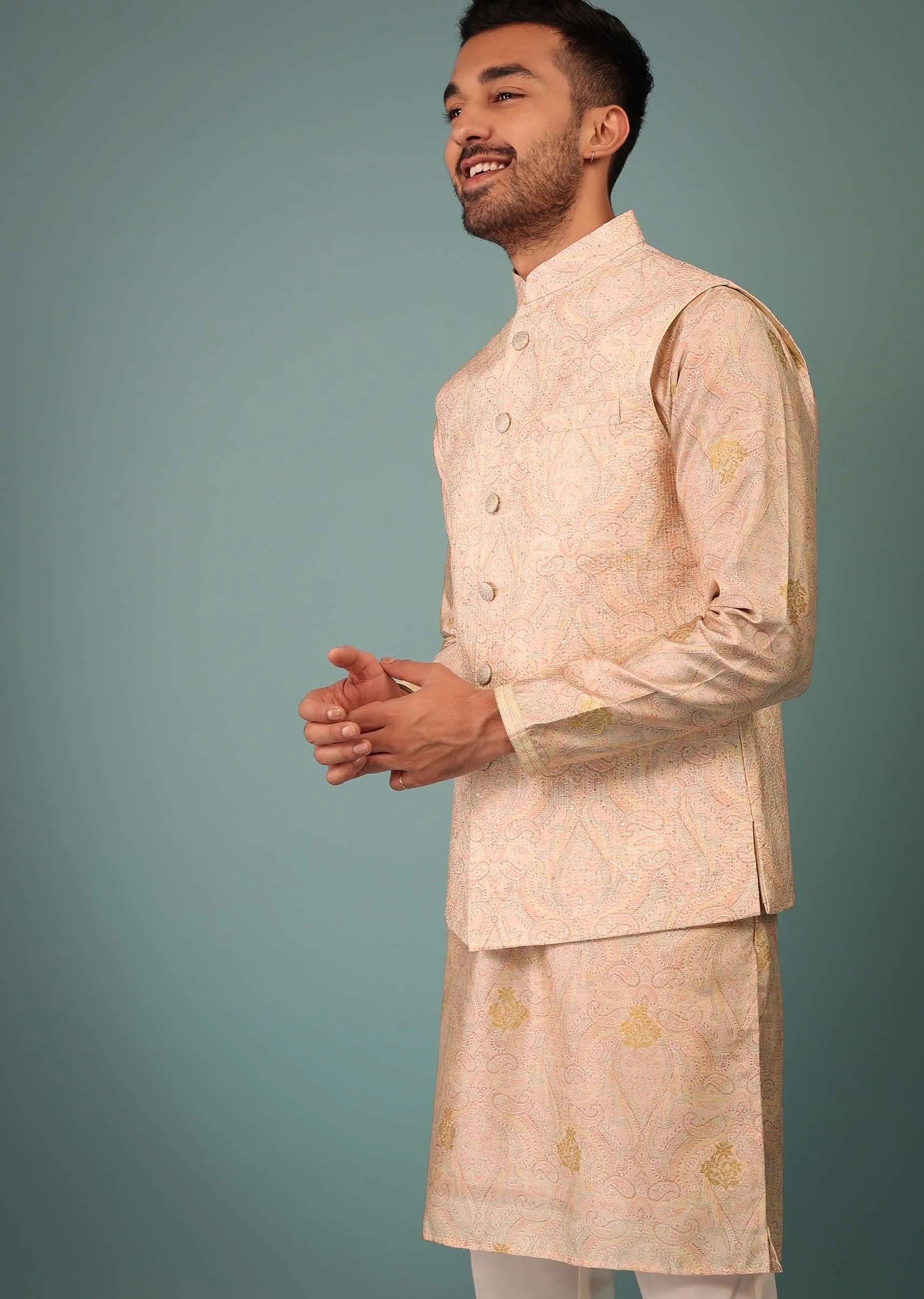 Cream Peach Bandi Jacket Set In Silk With Print & Line Stitch Embroidery