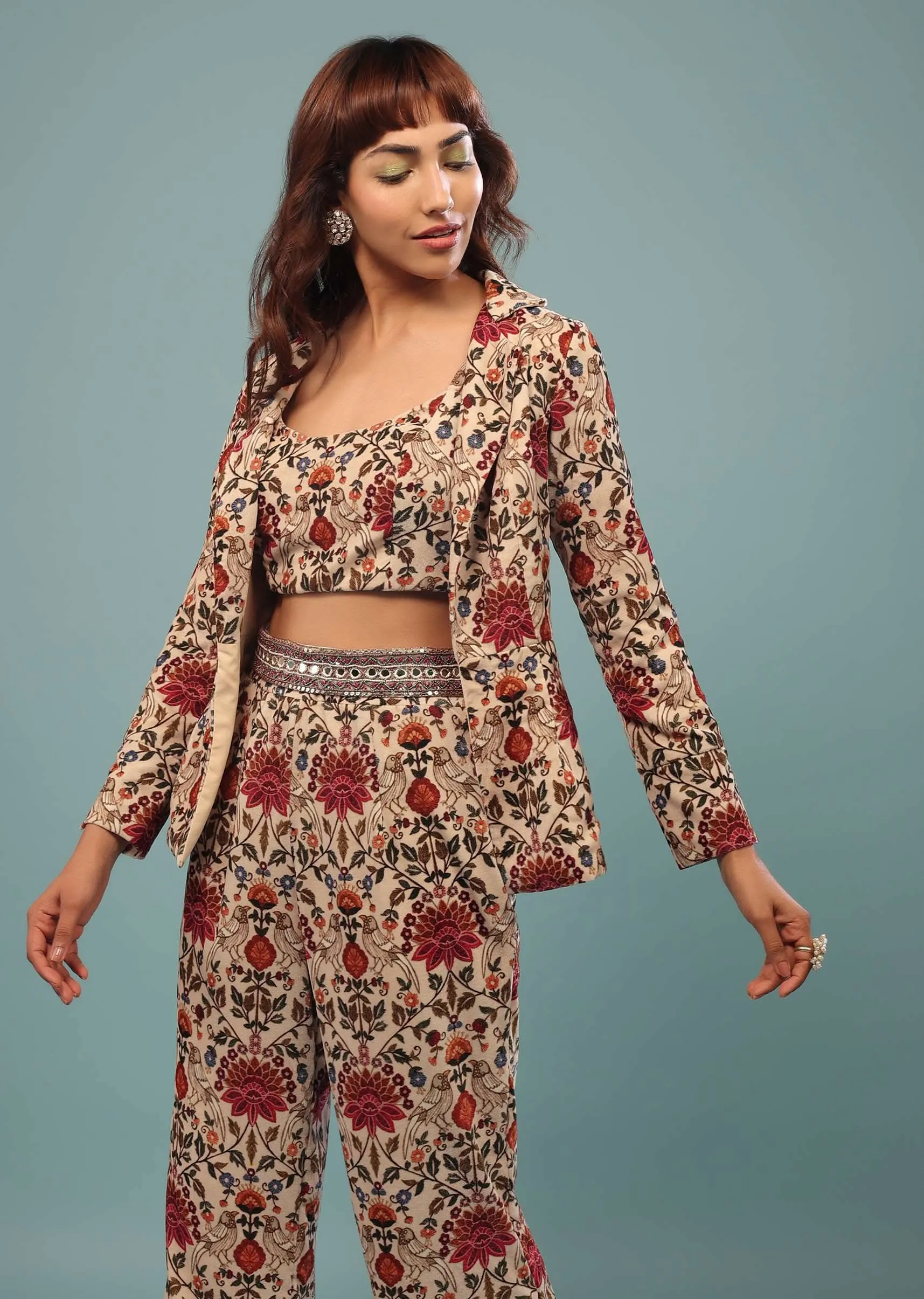Cream White Printed Palazzo Crop-Top Set With Jacket In Velvet