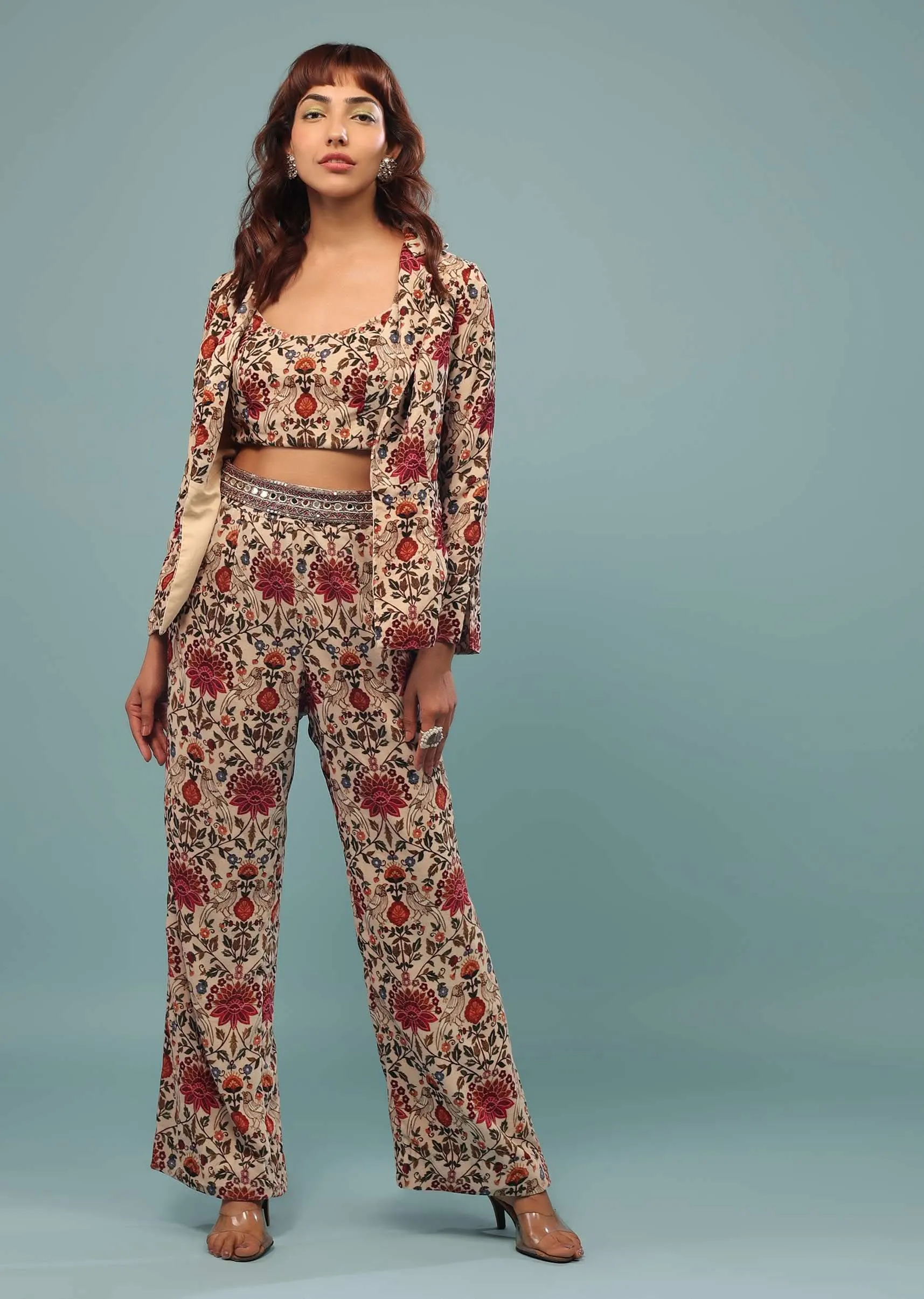 Cream White Printed Palazzo Crop-Top Set With Jacket In Velvet