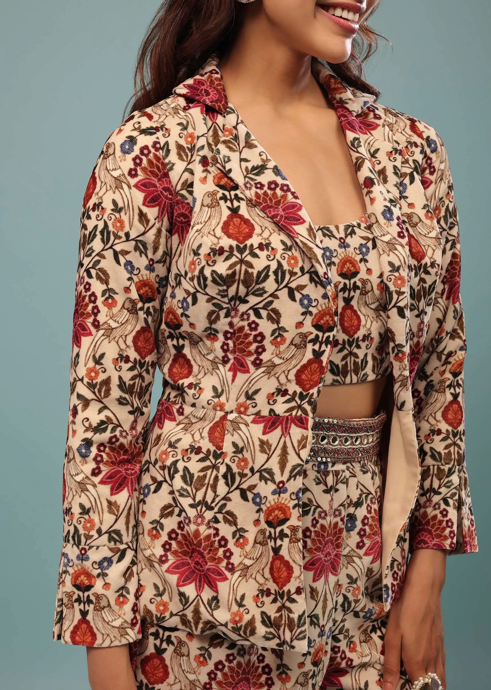 Cream White Printed Palazzo Crop-Top Set With Jacket In Velvet