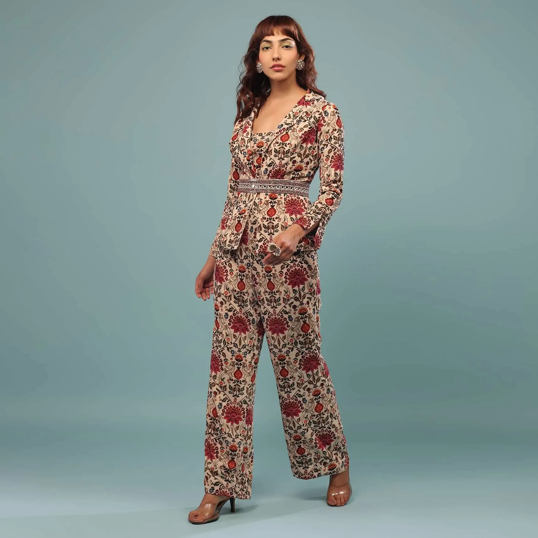 Cream White Printed Palazzo Crop-Top Set With Jacket In Velvet