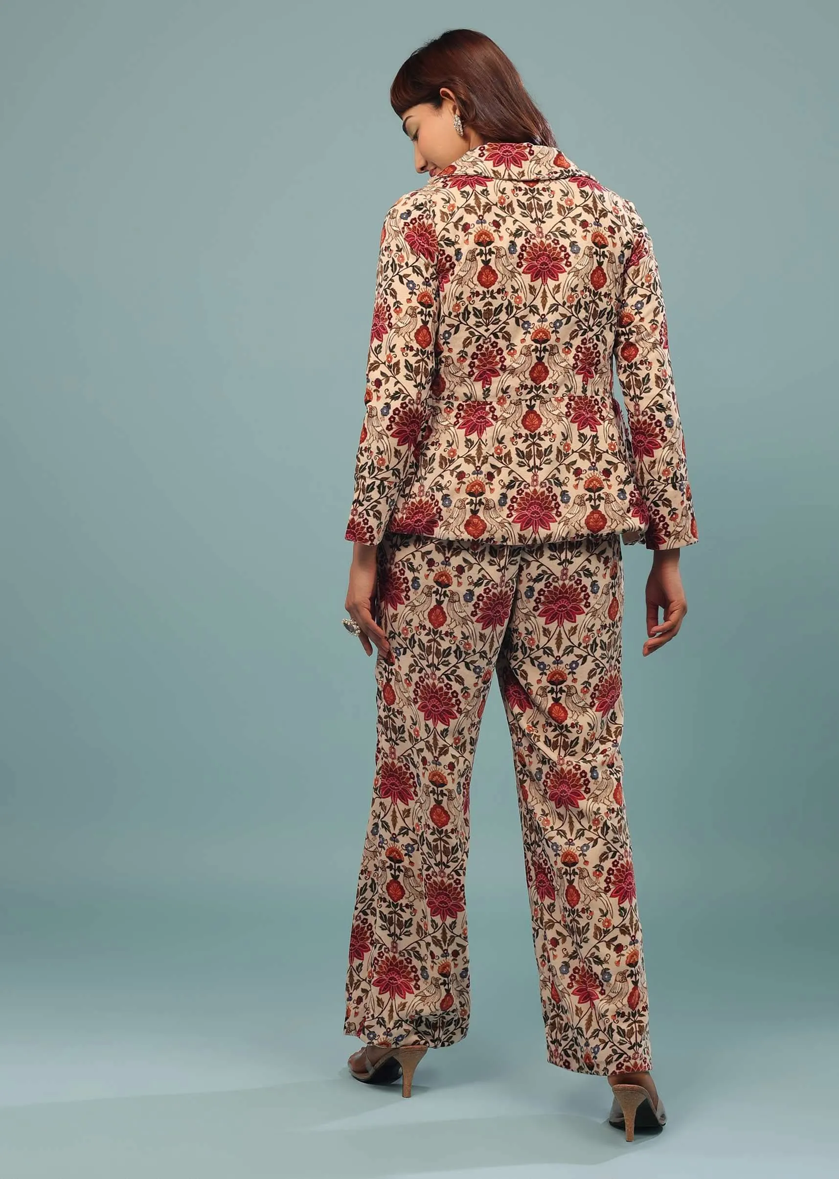 Cream White Printed Palazzo Crop-Top Set With Jacket In Velvet