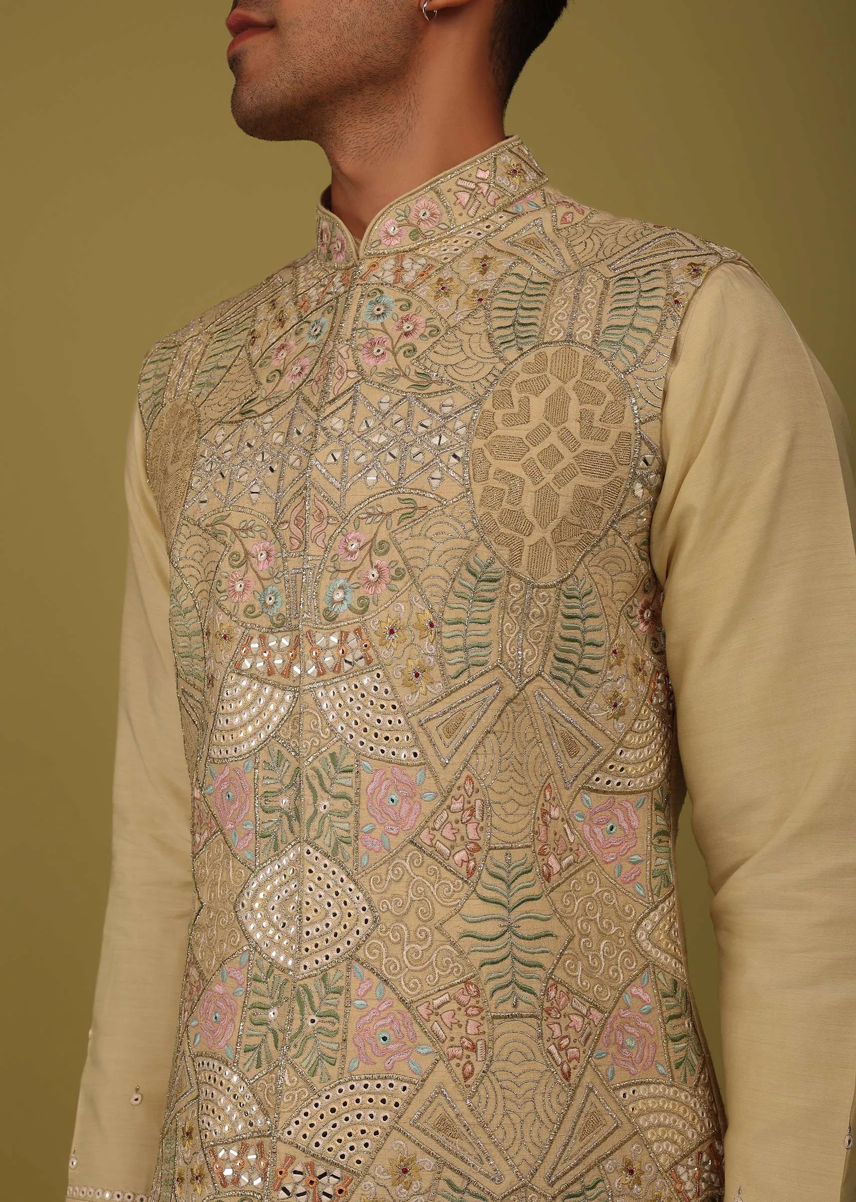 Cream Yellow Art Silk Bandi Jacket Set With Zari And Threadwork