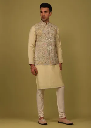 Cream Yellow Art Silk Bandi Jacket Set With Zari And Threadwork