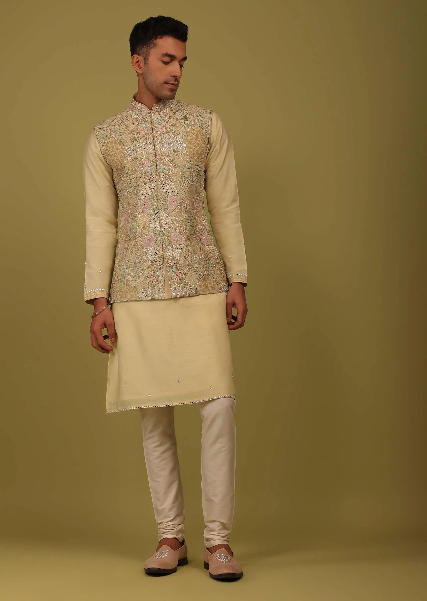 Cream Yellow Art Silk Bandi Jacket Set With Zari And Threadwork