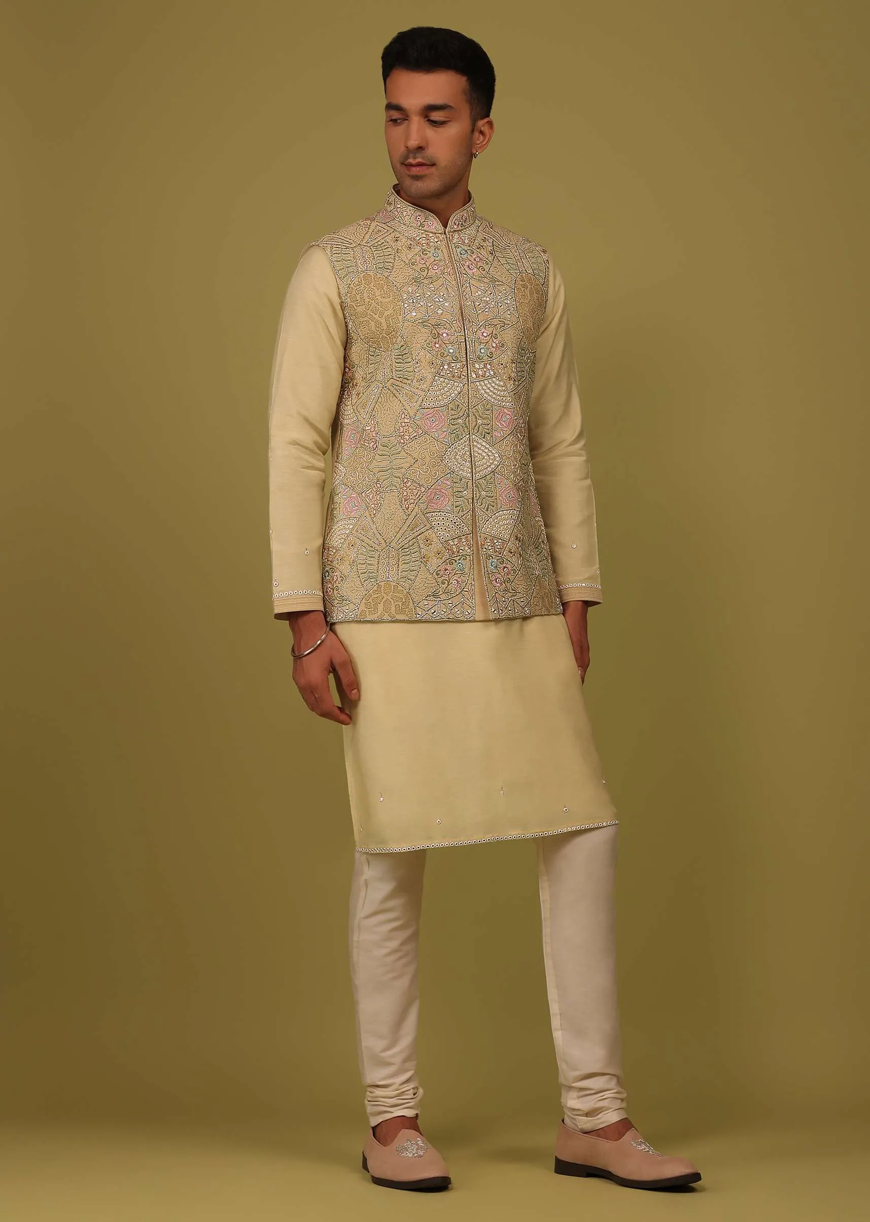 Cream Yellow Art Silk Bandi Jacket Set With Zari And Threadwork