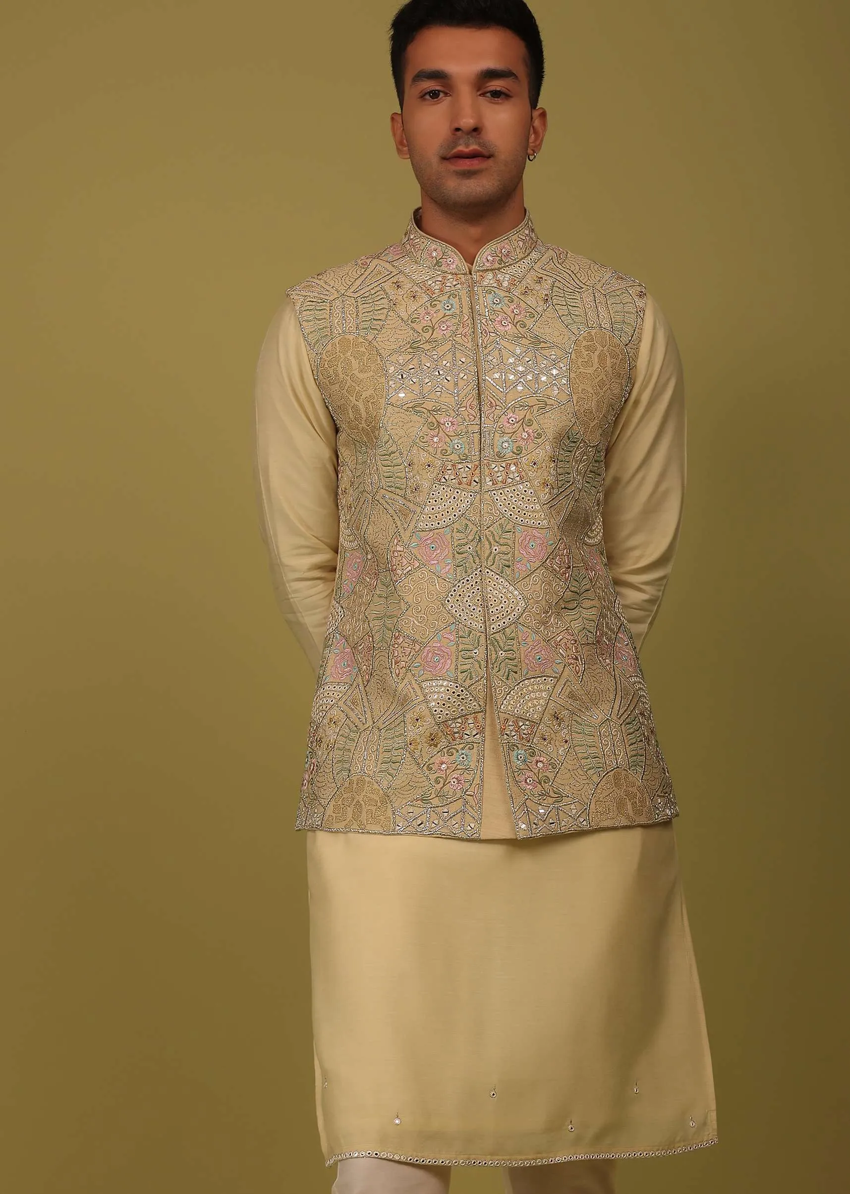 Cream Yellow Art Silk Bandi Jacket Set With Zari And Threadwork