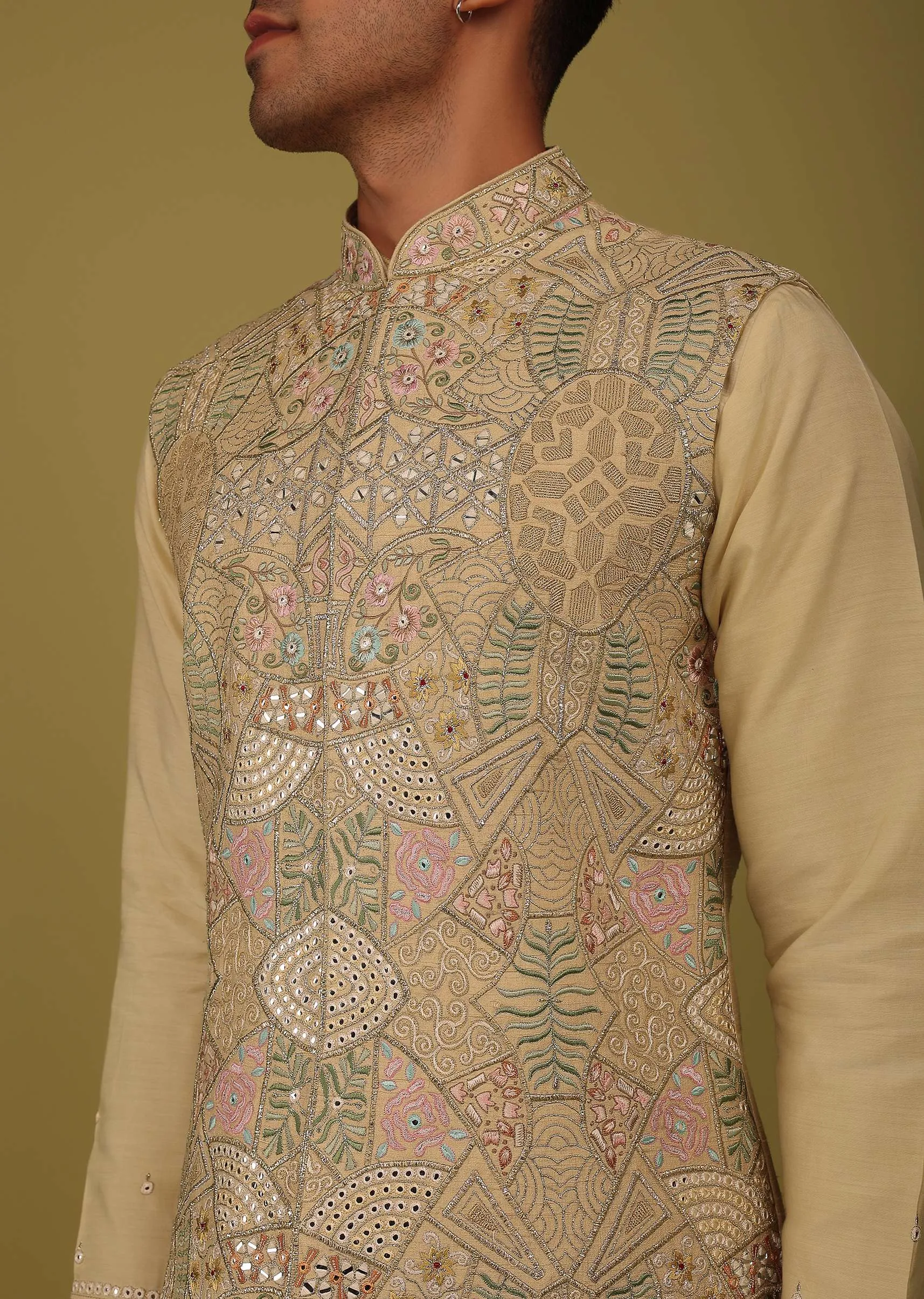 Cream Yellow Art Silk Bandi Jacket Set With Zari And Threadwork