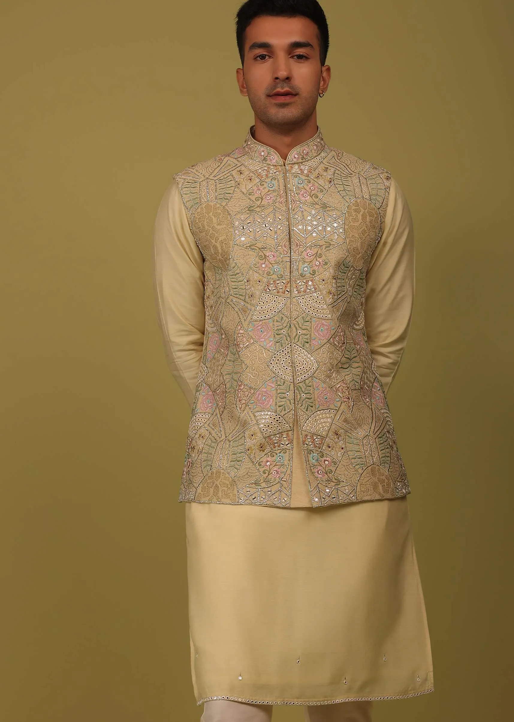 Cream Yellow Art Silk Bandi Jacket Set With Zari And Threadwork