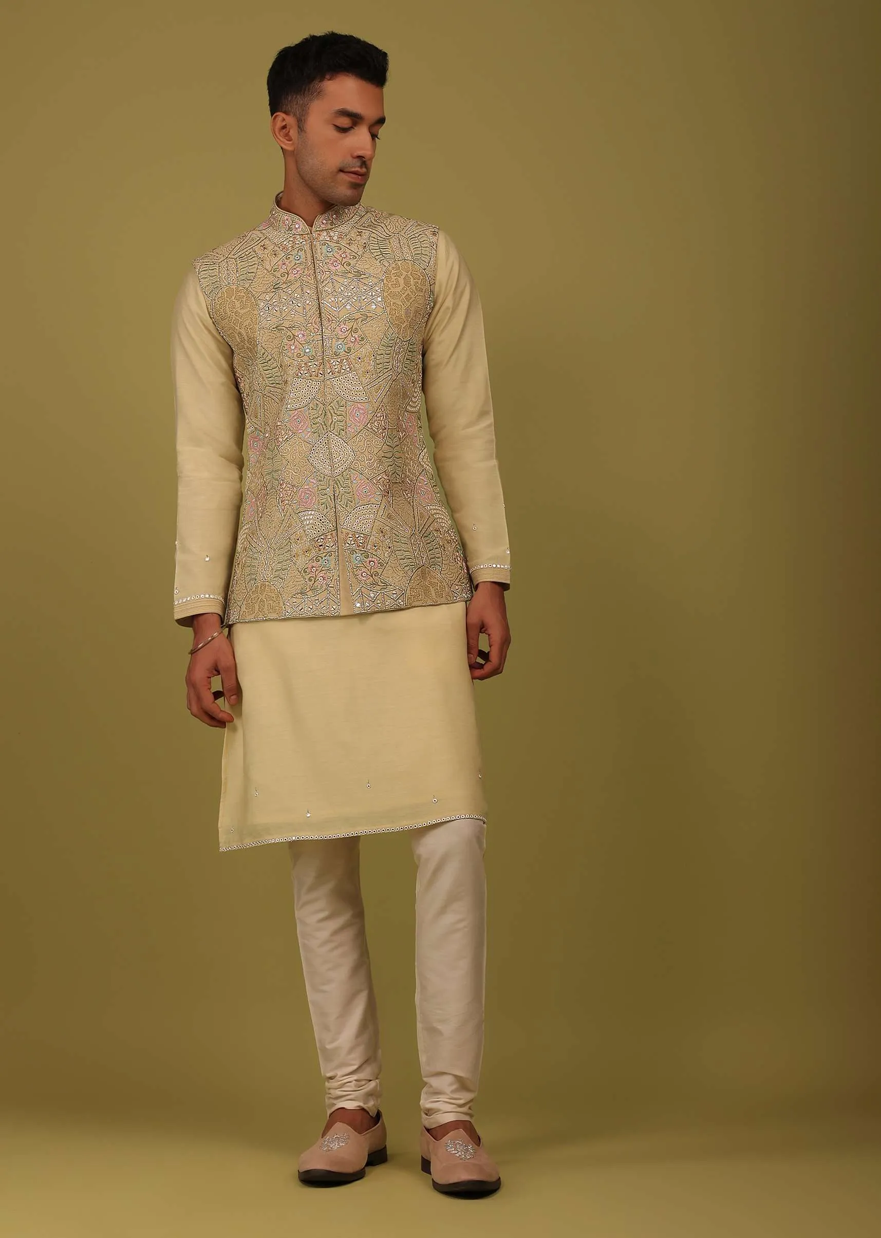 Cream Yellow Art Silk Bandi Jacket Set With Zari And Threadwork