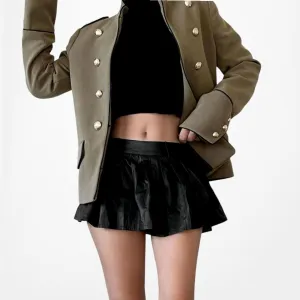 Mango Olive Green Button Front Military Style Shoulder Padded Jacket Size XS