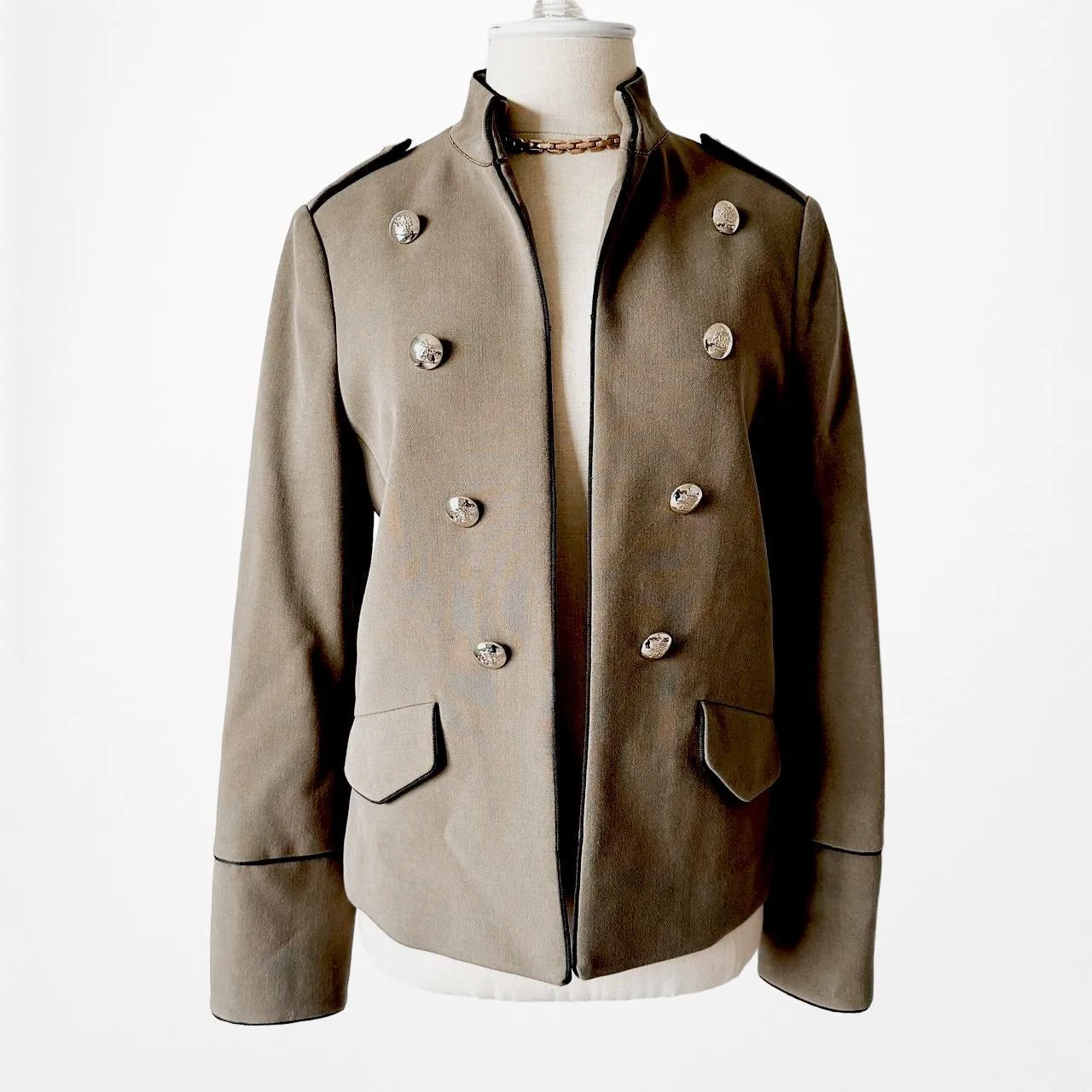 Mango Olive Green Button Front Military Style Shoulder Padded Jacket Size XS