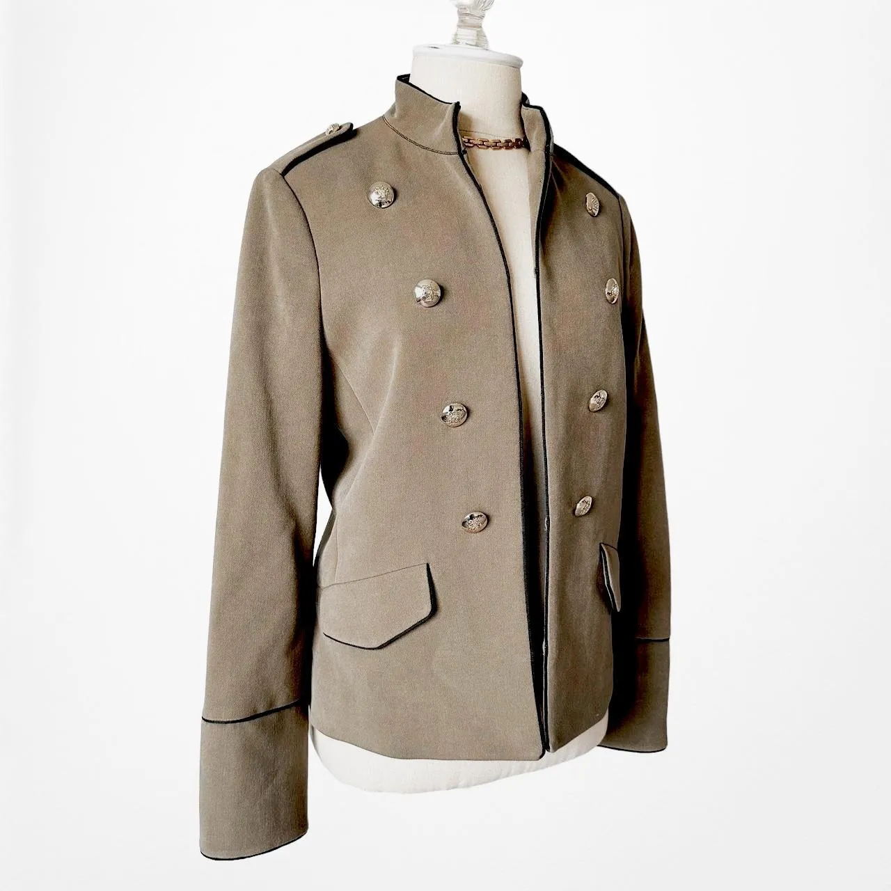 Mango Olive Green Button Front Military Style Shoulder Padded Jacket Size XS