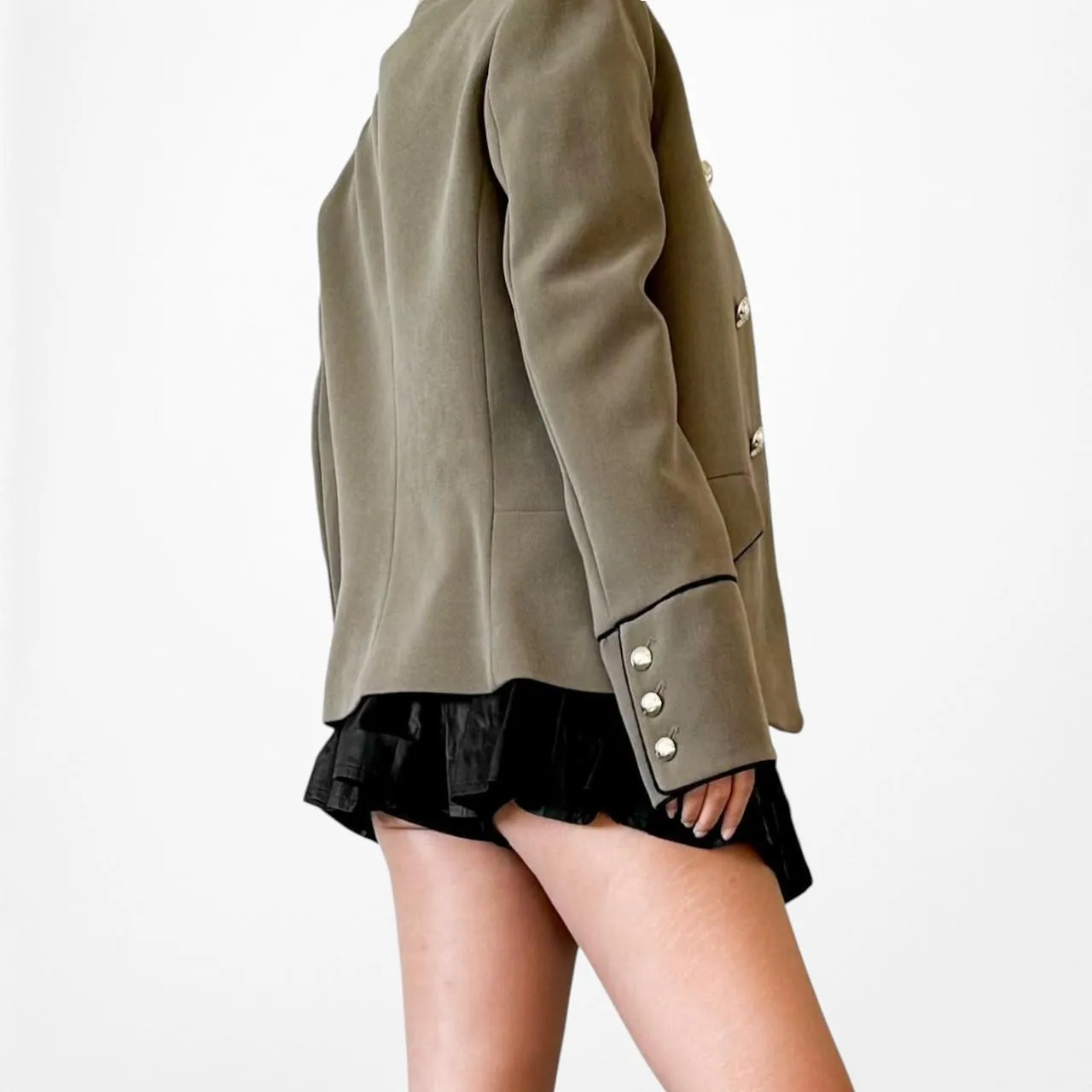 Mango Olive Green Button Front Military Style Shoulder Padded Jacket Size XS