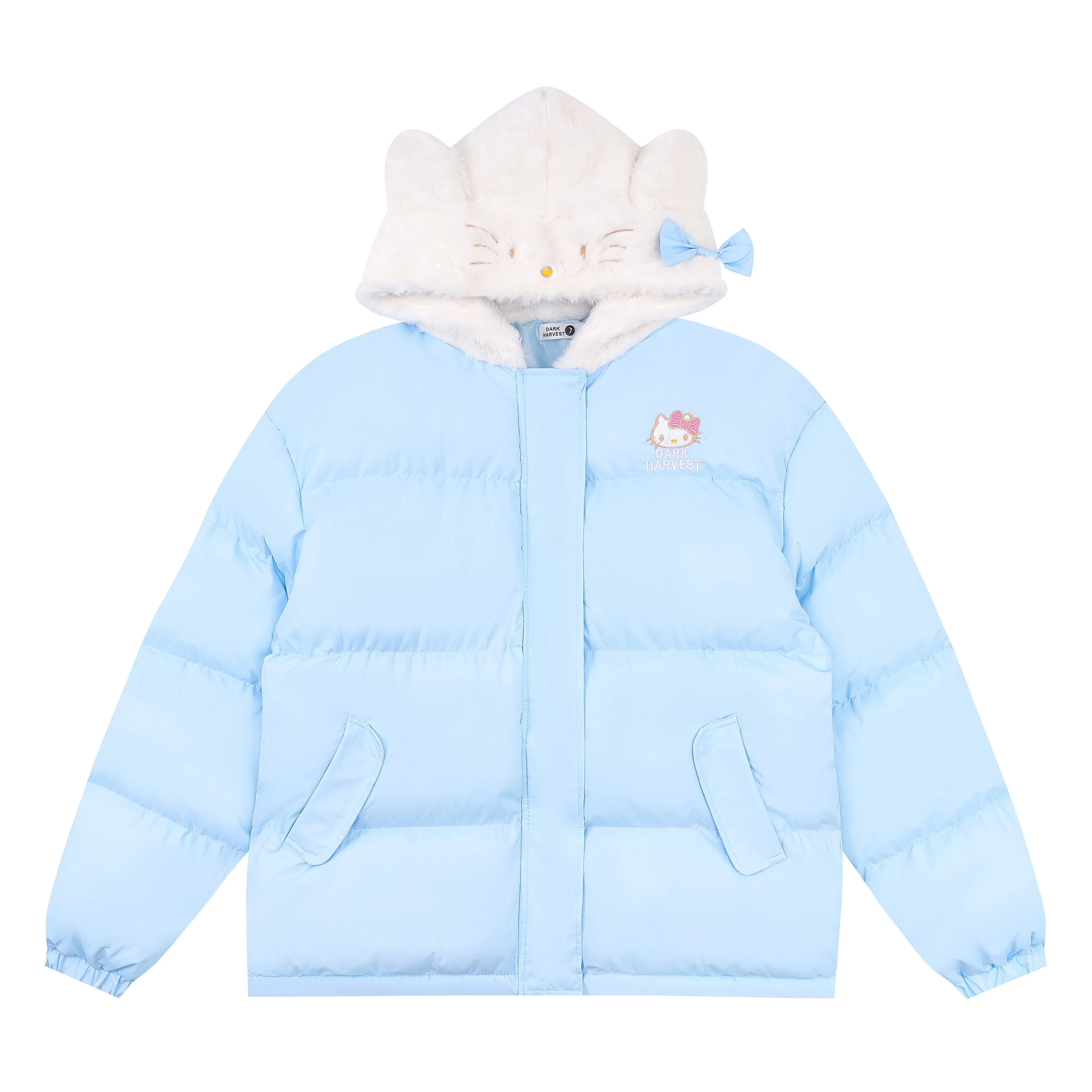 Pink Blue Cartoon Kitty Cat Plush Hooded Winter Thick Padded Puffer Jacket