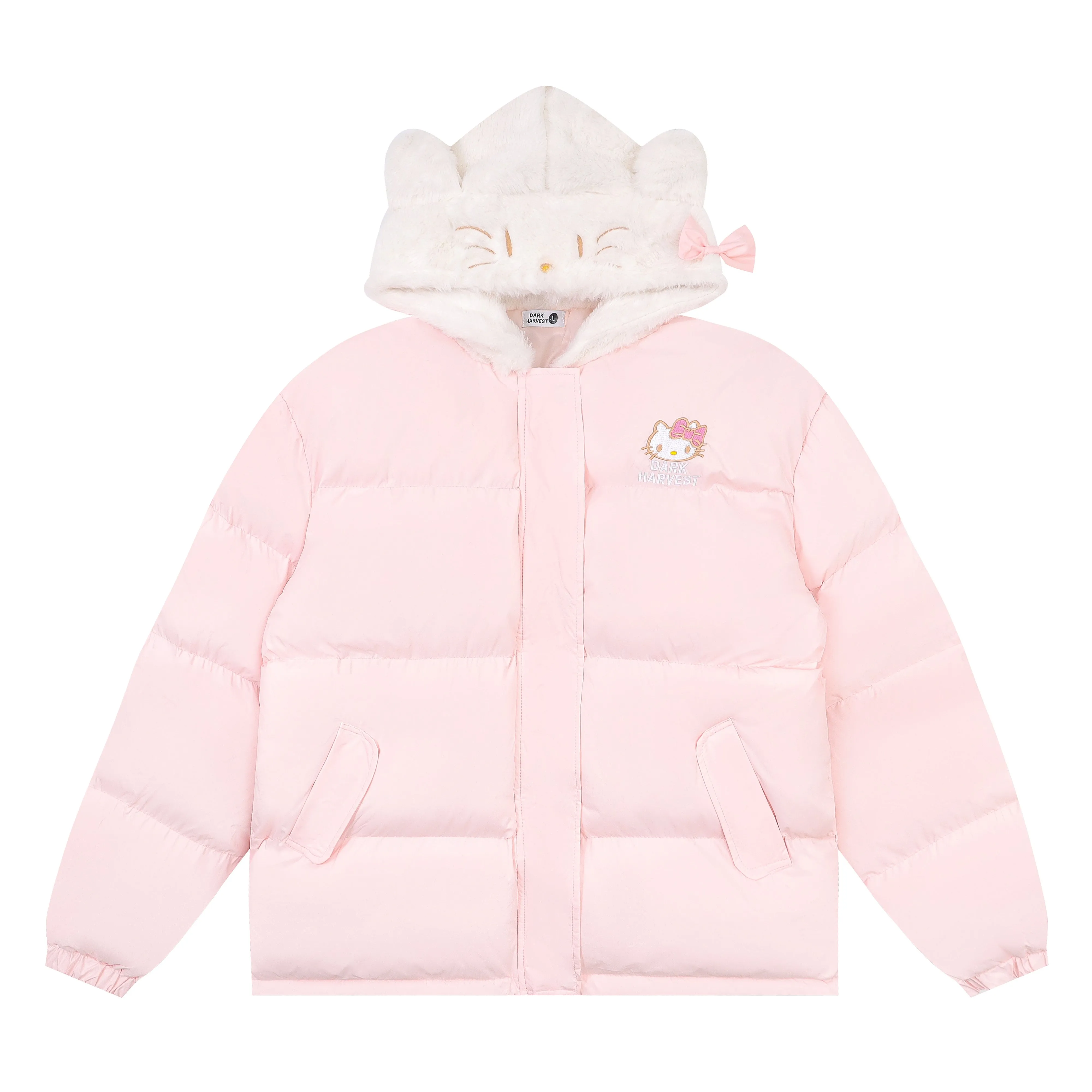Pink Blue Cartoon Kitty Cat Plush Hooded Winter Thick Padded Puffer Jacket