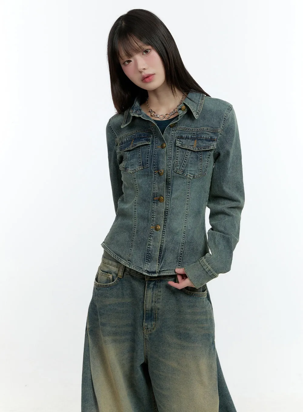 Slim-Fit Denim Buttoned Crop Jacket CF506