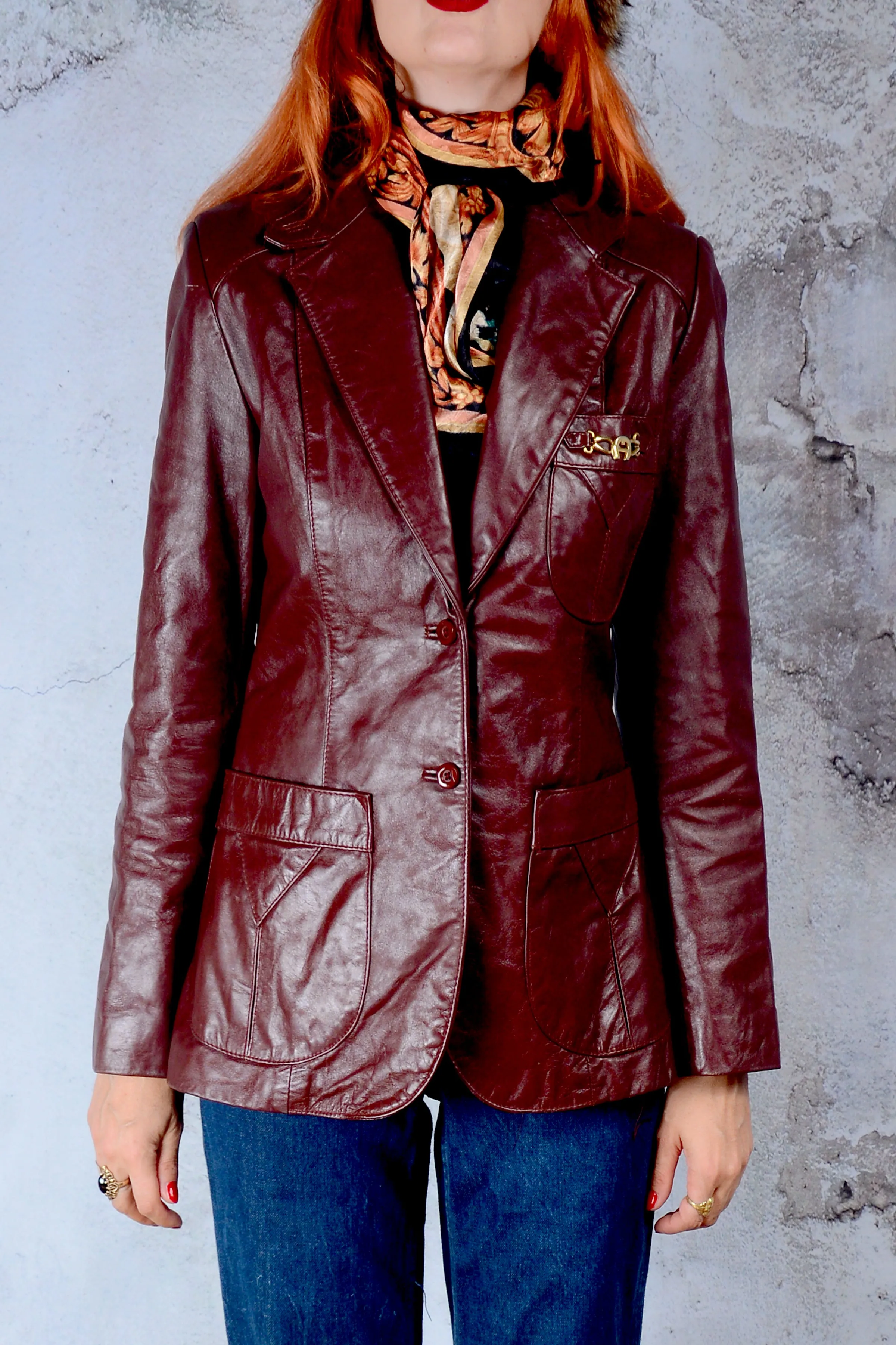 Vintage 1970s Etienne Aigner Wine Red Leather Blazer Jacket - Small