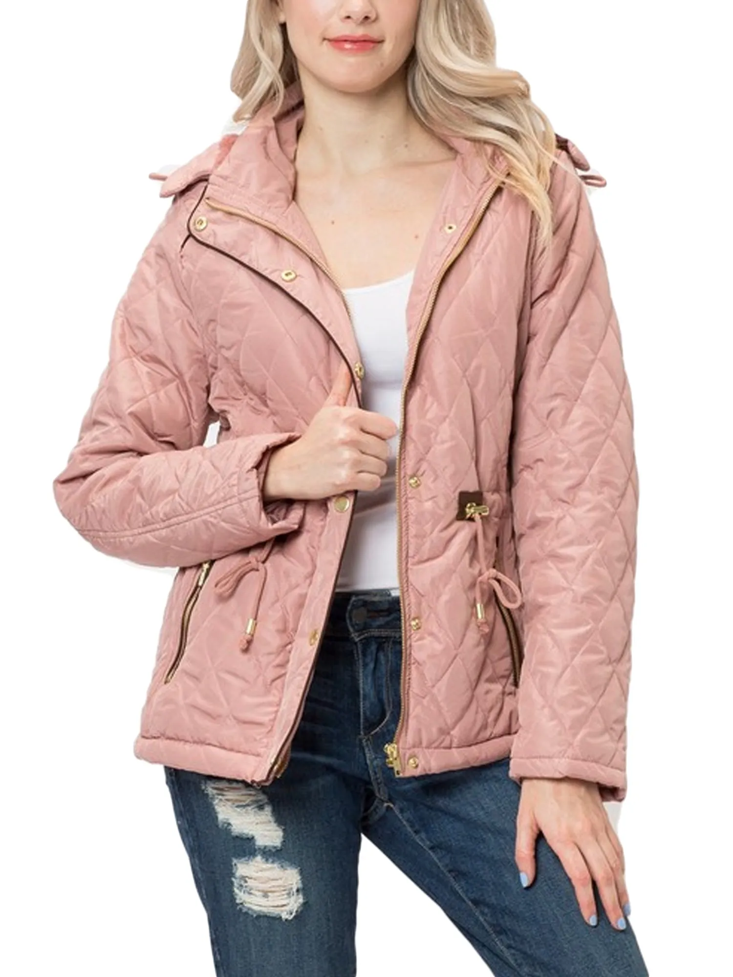 Womens Fur Lined Lightweight Zip Up Quilted Jacket with Detachable Hood