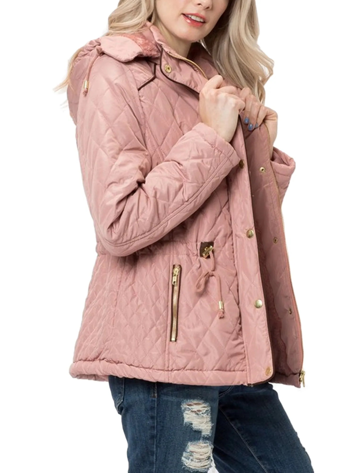 Womens Fur Lined Lightweight Zip Up Quilted Jacket with Detachable Hood