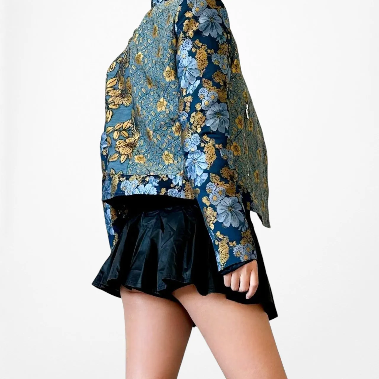 Zara Blue Yellow Floral Embroidered Shoulder Padded Blazer Jacket Size XS