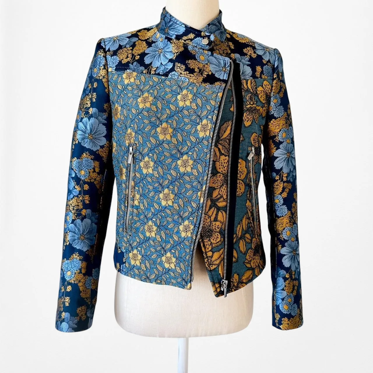 Zara Blue Yellow Floral Embroidered Shoulder Padded Blazer Jacket Size XS