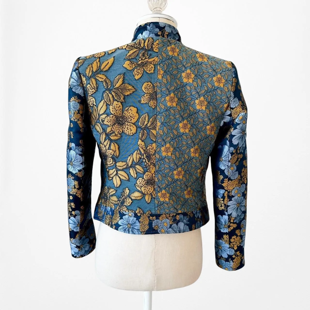 Zara Blue Yellow Floral Embroidered Shoulder Padded Blazer Jacket Size XS