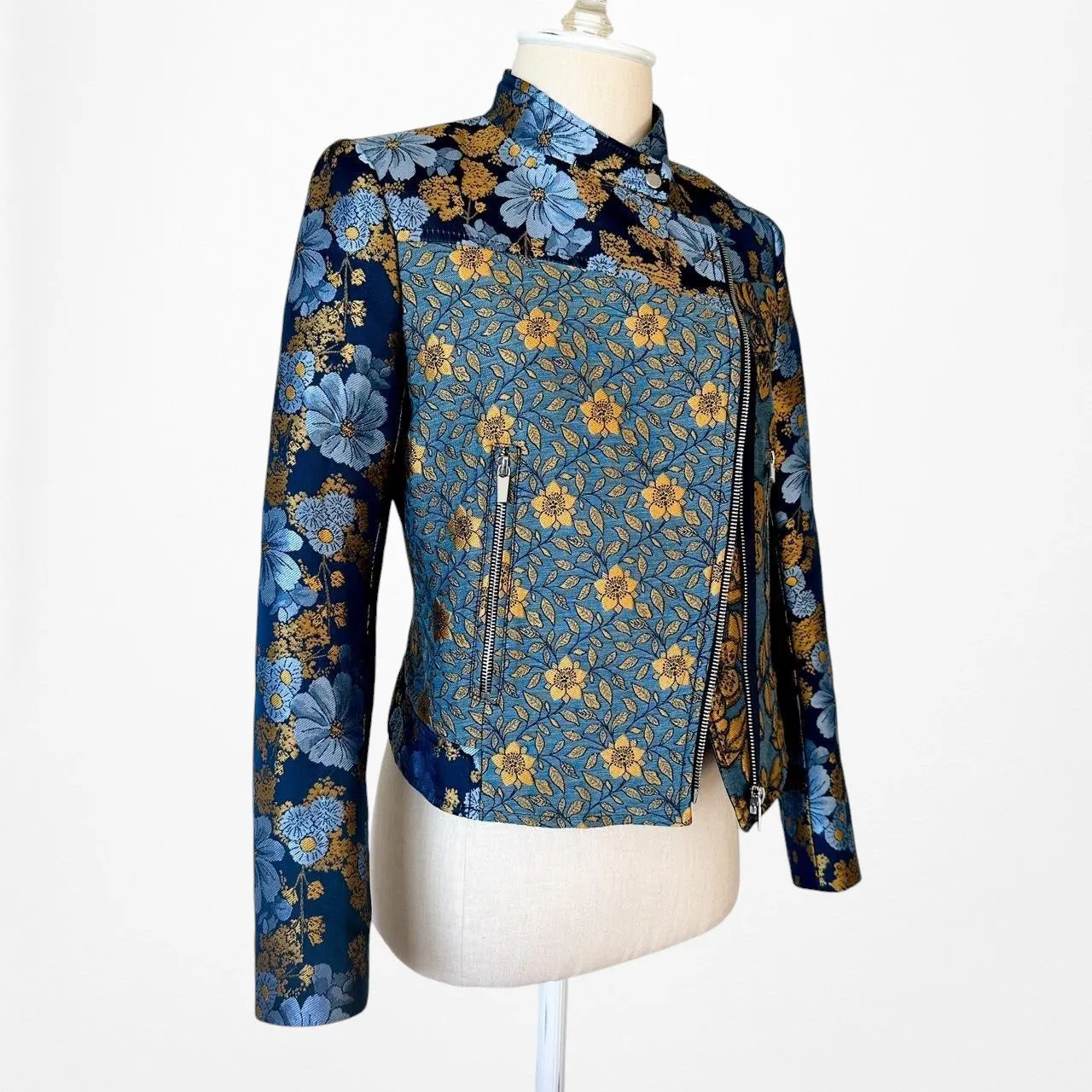 Zara Blue Yellow Floral Embroidered Shoulder Padded Blazer Jacket Size XS